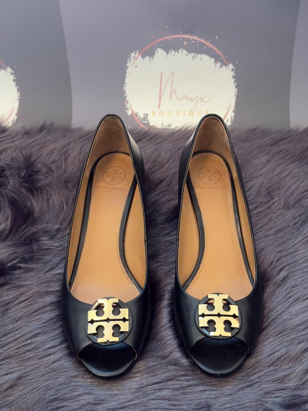 Tory Burch Benton Black Nappa Leather Peep Toe Wedges Size 7